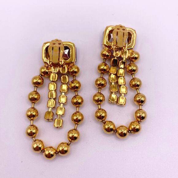 Vintage Party Clip On Earrings Gold Tone with Purple Glass Stone - Picture 6 of 6